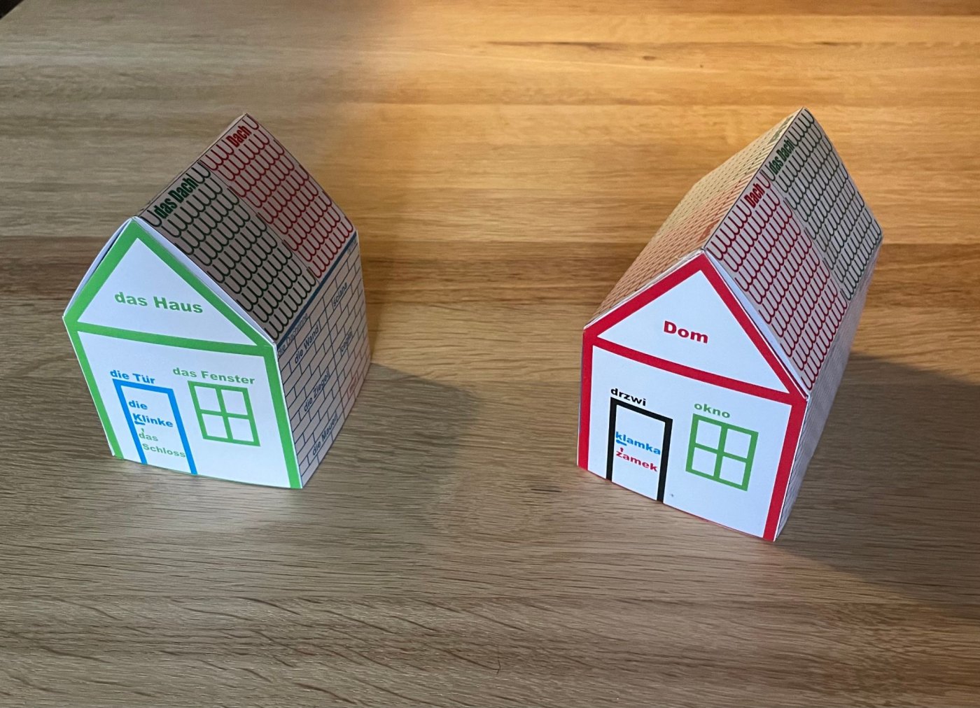 Dwa papierowe domki obok siebie, zielony z napisem das Haus i czerwony z napisem Dom